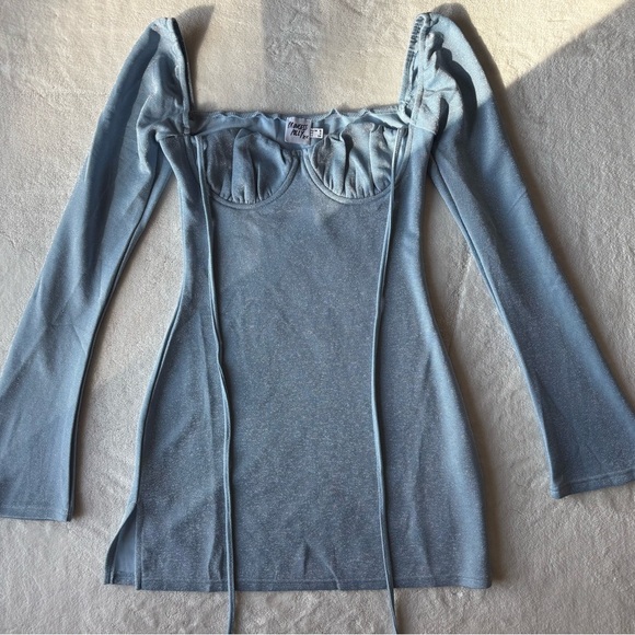 Princess Polly | 4 | Blue Silver Sparkle Long Sleeve Halter Neck Tie Mini Dress - Picture 4 of 13